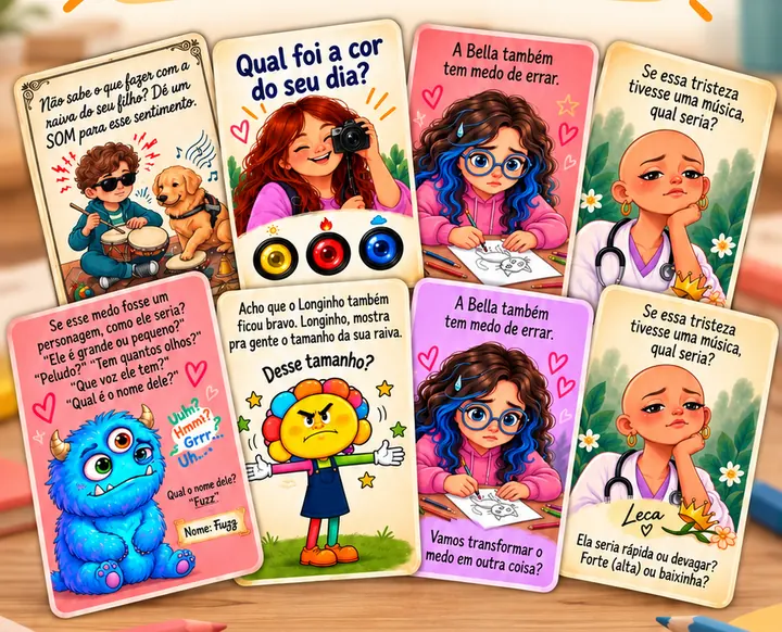 As 8 cartas ilustradas do Baralho das Emoções, cada uma com uma pergunta ou atividade